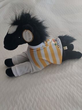 Curto Toy Black Plush Horse with an Oaklawn Yellow Stripe Shirt